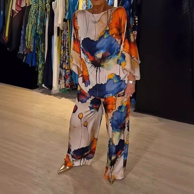 Summer Fashion Printed Satin Two Piece Set Women Sexy Round Neck Long Sleeved Top Wide Leg Long Pants Casual Two Piece Set 240813