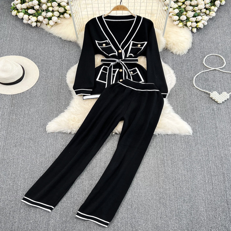Fashion Womens Suits Autumn Long-Sleeve Lace-Up Waist Mid-Length V-Neck Knitted Cardigan Coat Wide-Leg Pants Knit Two Piec Set 240813