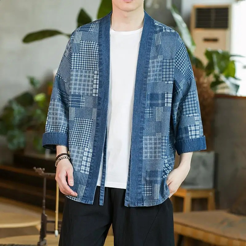 Mens plus size Japanese cardigan shirt with blue print plain half sleeved samurai kimono Yukata loose casual beach Haori robe 4XL 5XL 240814