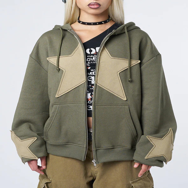 Womens Y2k Zip Up Hoodies Star Print Long Sleeve Graphic Hooded Jacket Aesthetic Oversized Coat Harajuku Streetwear 240813