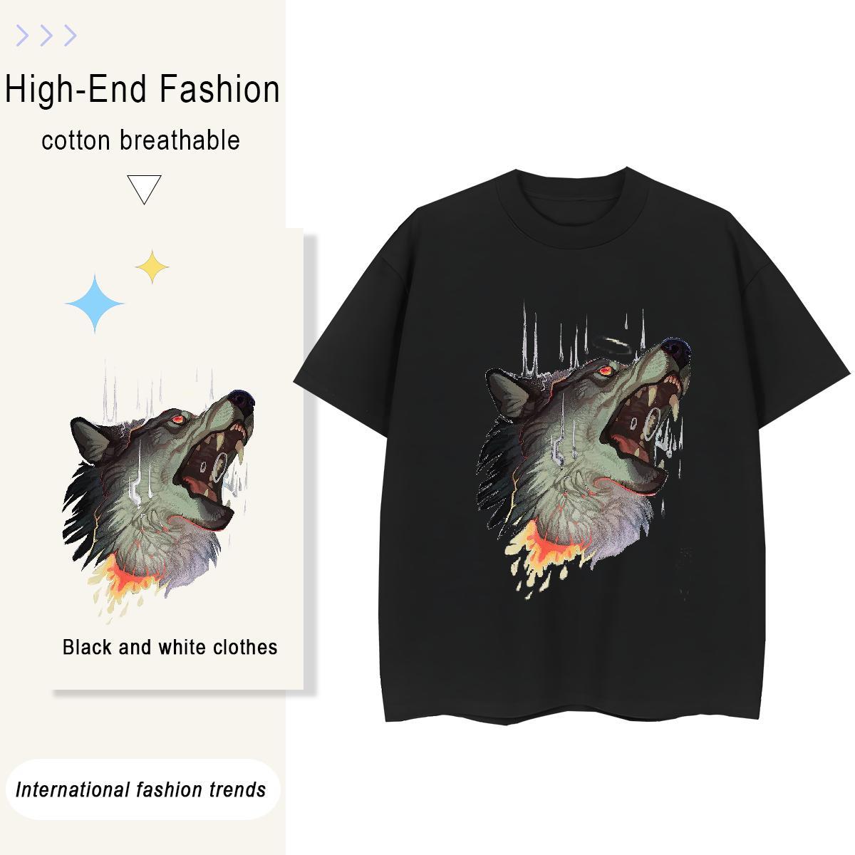 Brand Tshirts Home Outdoor 230g Pure Cotton Cartoon Print Breathable Short Sleeve wolf T Shirt For Man Fashion Designer Tops Tees