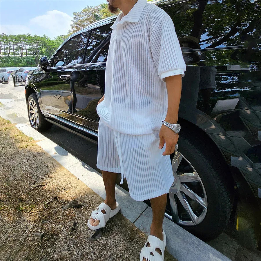 2024 Summer Knitted Short Sleeve Tshirt and Shorts Male Two Piece Set Streetwear Casual Solid Color Men Sports Suits Tops 240814