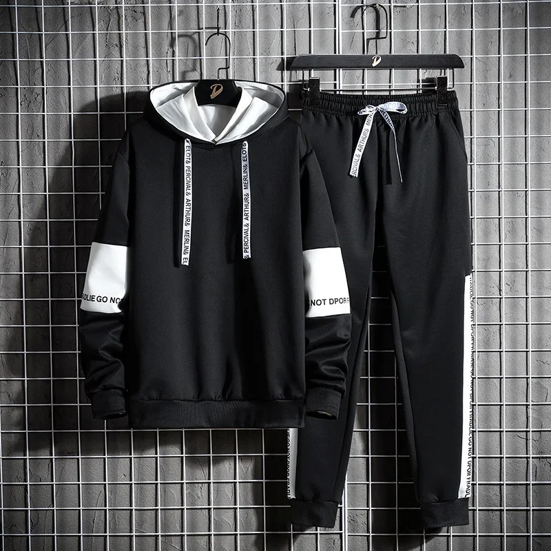 Autumn Winter Loose Casual Printed Hoodies Pants Set Men Add Velvet Patchwork Fashion All-match Hooded Top Sweatpants Suit 240813