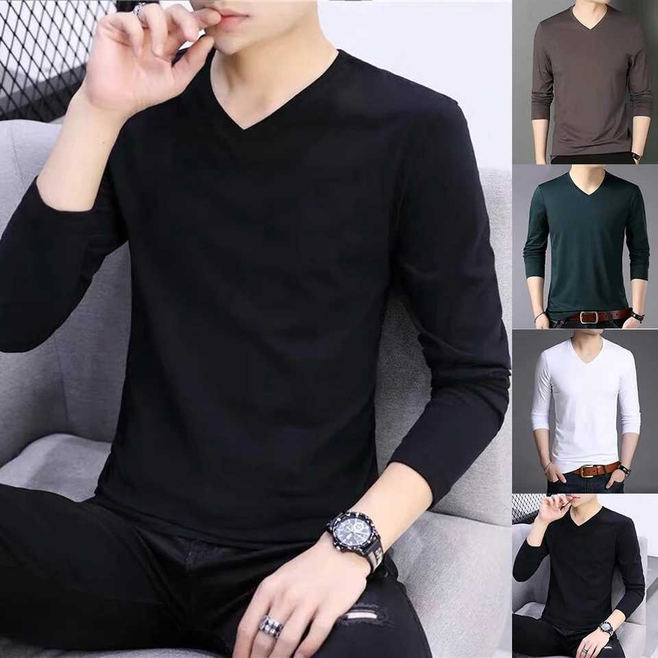 Pullover Men T-shirt Solid Color Spring Summer Tee V-Neck Basic Casual Fashion Long Sleeve Male Polyester S-5XLM240814