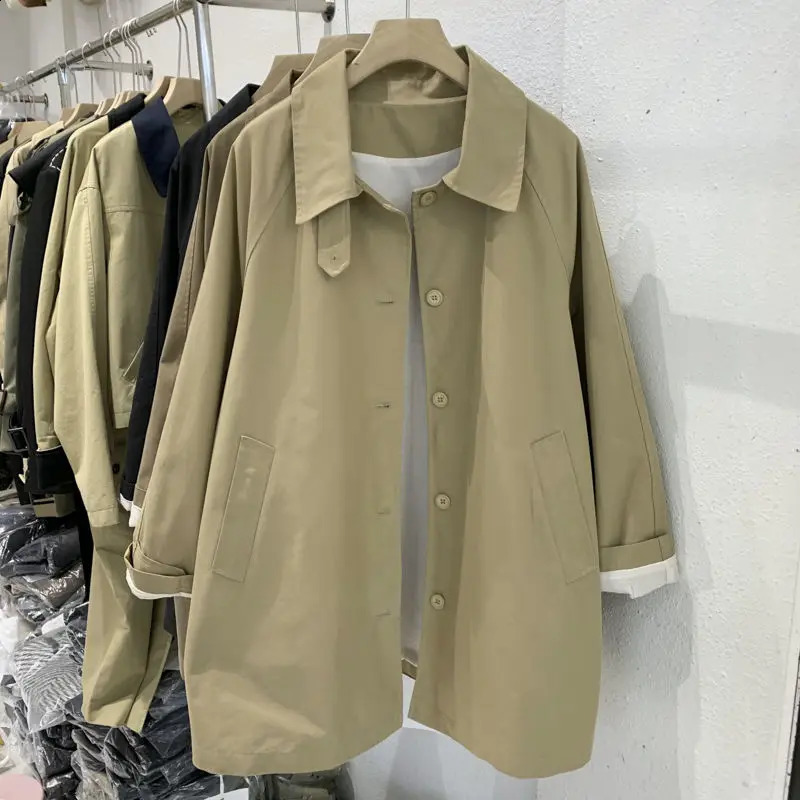 Womens Spring and Autumn Fashion Elegant Slim Fit Solid POLO Collar Button Long Sleeve Casual Loose Mid Length Coat Tops 240813
