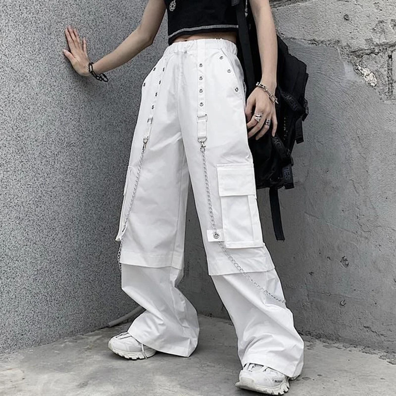 Women Trendy Vintage Casual Streetwear Pocket Cargo Pants Y2K Female High Waist White Hip Hop Loose Trousers Straight Pantalones 240814