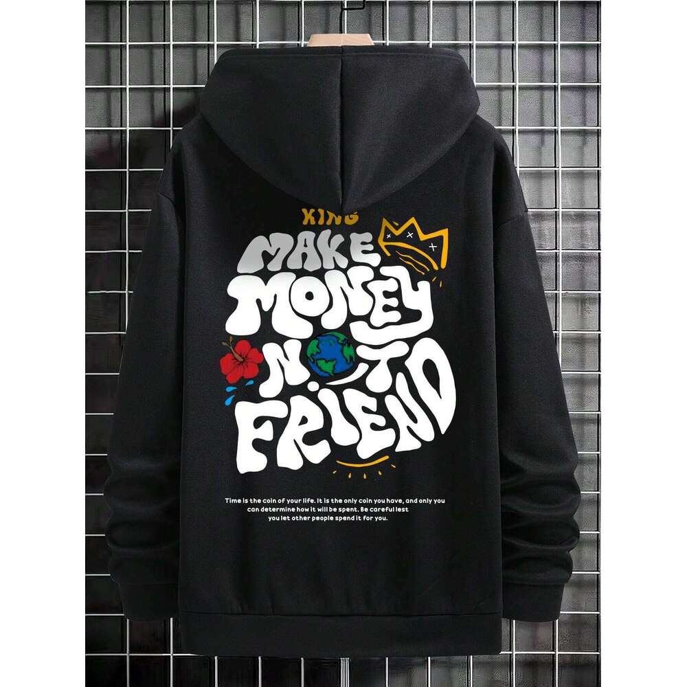 Men's Haruku Fashion Hooded Sweatshirt MAKE MONEY NOT FRIEND Letter Slogan Print Cartoon Fleece Soft Pullover Sweatshirts s