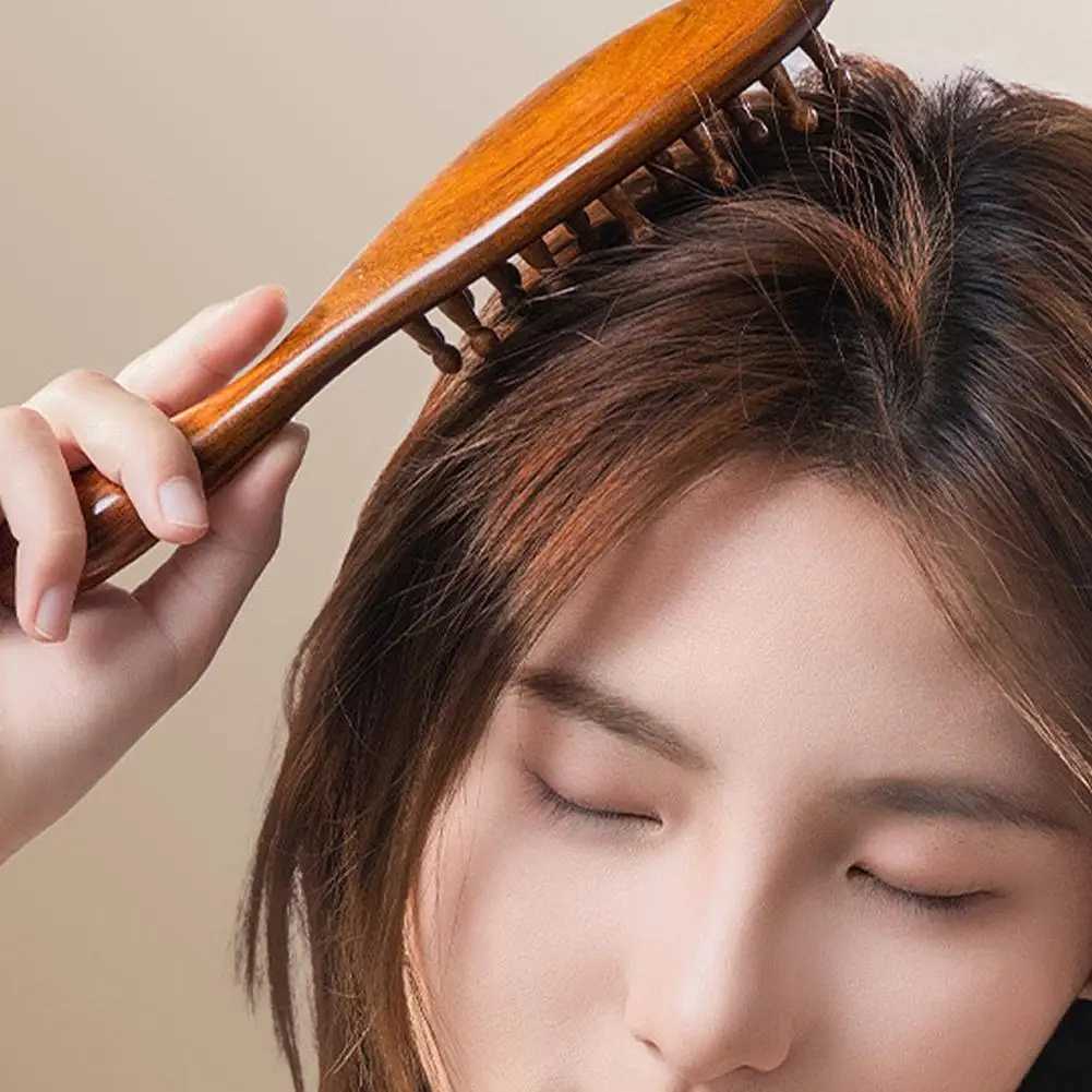 Golden Sandalwood Comb Head Meridian Comb Natural Sandalwood Long Handle Comb Multi functional Insertion Tooth Massage Comb W240813