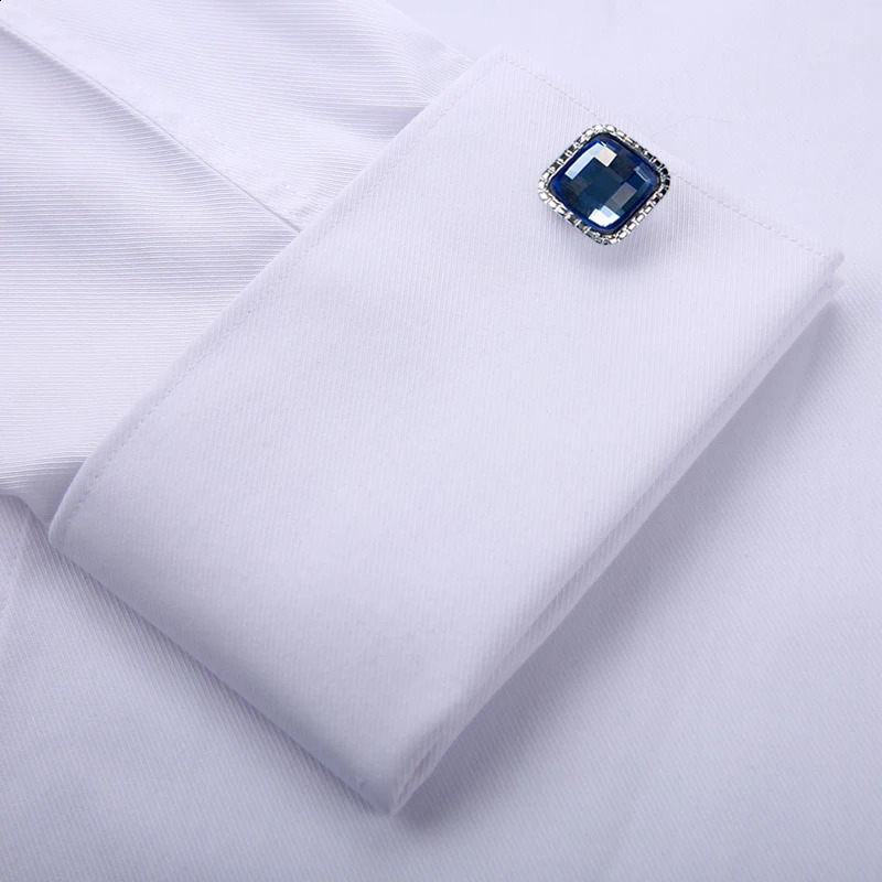 Mens Classic French Cuff Hidden Button Dress Shirt Long-sleeve Formal Business Standard-fit White Shirts Cufflinks Included 240814