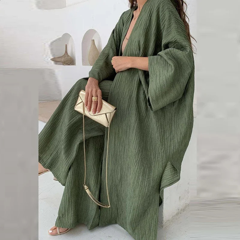 Elegant Female Loose Solid Color Outfits Womens Autumn Suits Lady Pleated Texture TopStraight Casual Pants Two-Piece Sets 240813