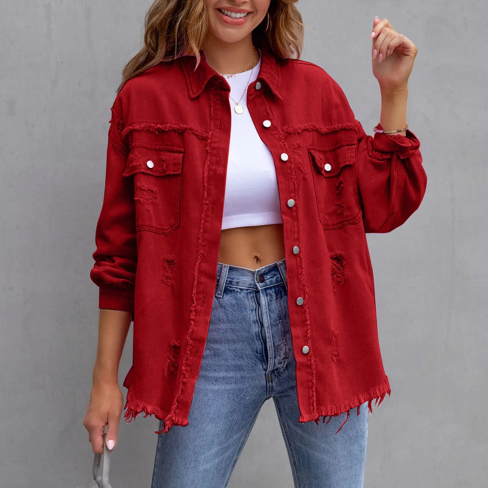 Fall Basics Women Womens Autumn Spring Oversized Denim Jacket Casual Long Boyfriend Distressed Jean Jacket 240814