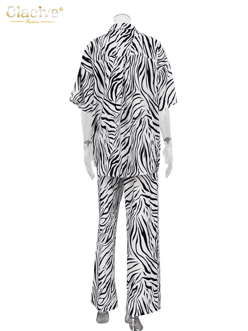 Clacive Summer Loose Zebra Print 2 Piece Sets Women Outfit Elegant Short Sleeve Shirts Matching High Waist Pants Set Female 240813