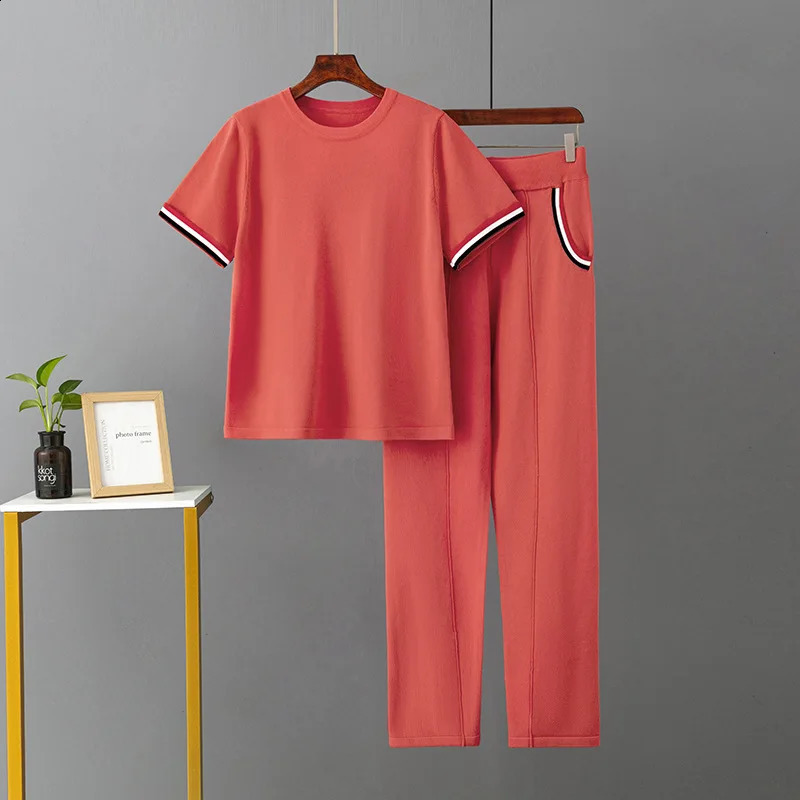 HLBCBG Spring Summer Orange Casual Knitted Two Piece Set Short Sleeve Women T Shirt Tracksuits Pants Suits Knitwear 2 Piece Sets 240813