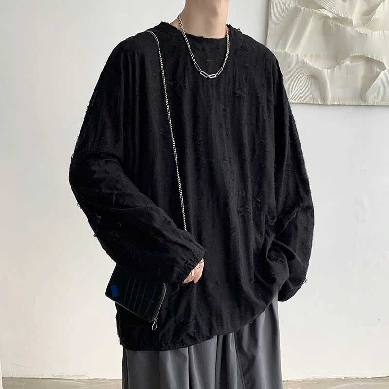 Spring Summer Men Hole T Shirts Harajuku Hip Hop Long Sleeve Oversized Tshirts Male Korean Fashion Tee Tops Plus Size 3XLM240814