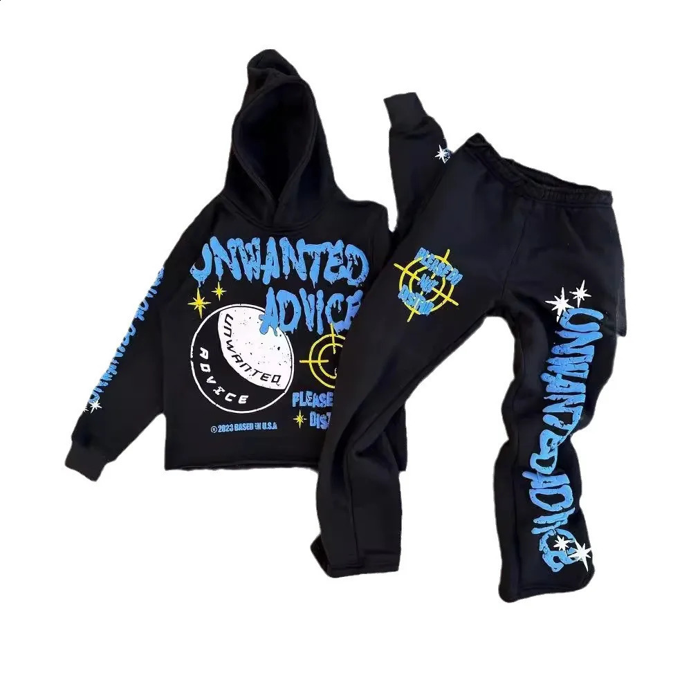 Y2k Long Sleeved Foam Printed Pullover Hoodie Sweatshirt And Pants Two Piece Streetwear Trendy Wear Dark Vintage Casual 240814