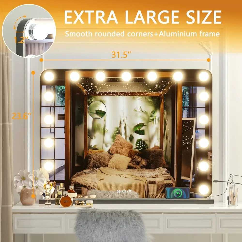Makeup mirror with lighting 31.5 inches x 23.6 inches equipped with 17 dimmable light bulbs and 10x magnification 3 color modes touch controlled mirro