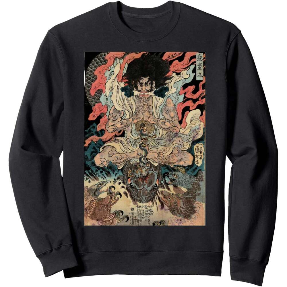 Long Sleeve Men sweatshirt Japanese Vintage Artwork Tengu Gods Defeat The Evil Snake Sweatshirt Tee Streetwear Casual tops clothes