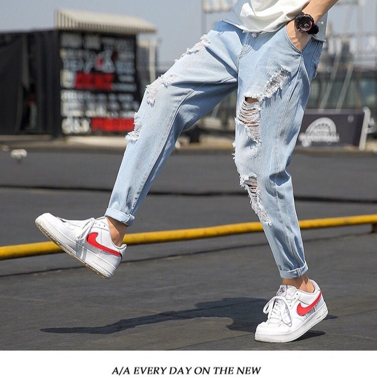 Summer thin cut ripped jeans for men, loose fit, 9-inch fat, trendy brand, plus size 1 pounds pants, beggar carrot pants