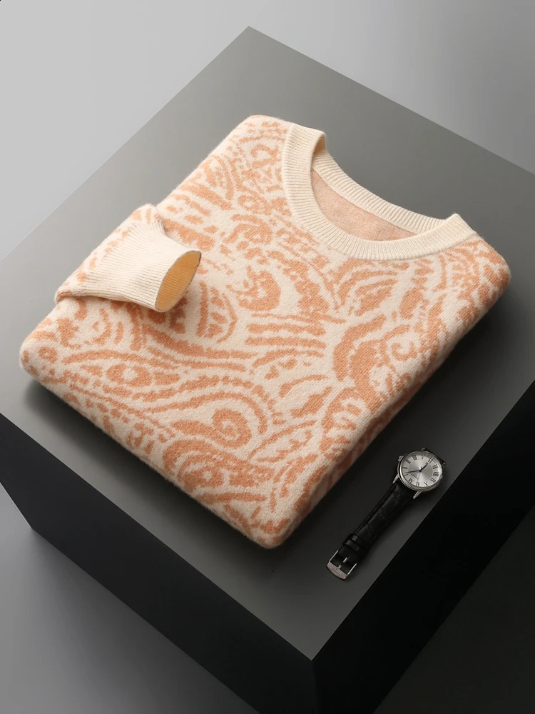 Autumn Winter Man 100% Wool Cashmere Sweater National Style Jacquard Thickened Jumper O Neck Pullover Leisure Long-Sleeved Top 240821
