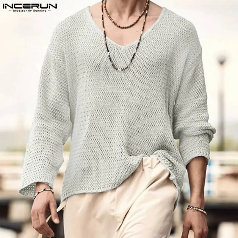 Stylish Tops INCERUN Men All-match Simple V-neck Camiseta Casual Well Fitting Male Long Sleeve T-shirts S-5XL 240816