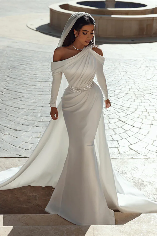 2024 Wedding Mermaid Dresses for Bride Simple Satin Sequins Crystals Sexy Long Sleeve Detachable Ruchd Buttons Robes De Mariee Plus size