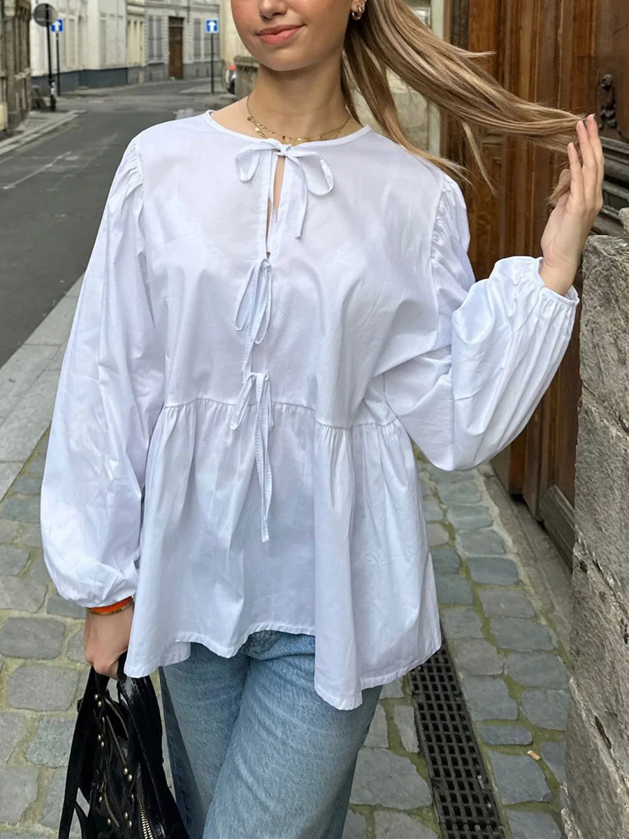 Womens lace front shirt summer stripes loose fit round neck long fluffy sleeves elegant office womens floral top 240814