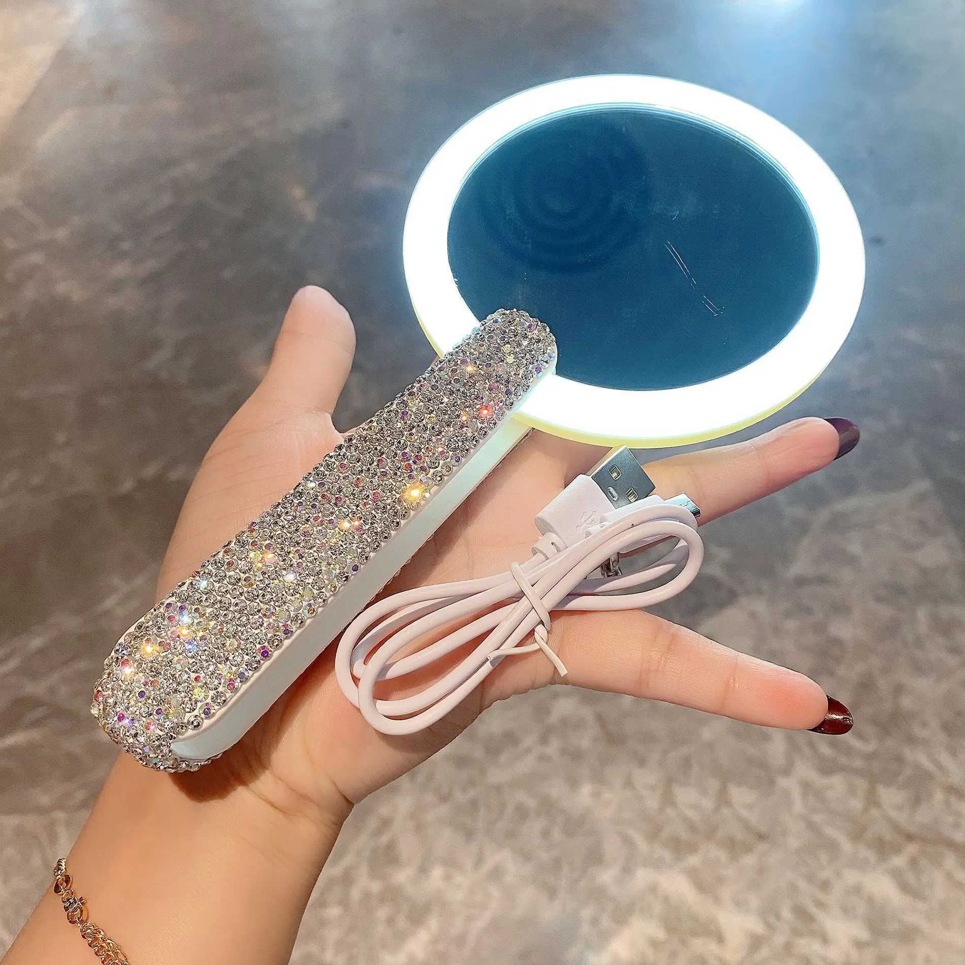 Portable makeup mirror with high brightness appearance horizontal diamond inlaid LED makeup light folding hand high-definition mirror W240813
