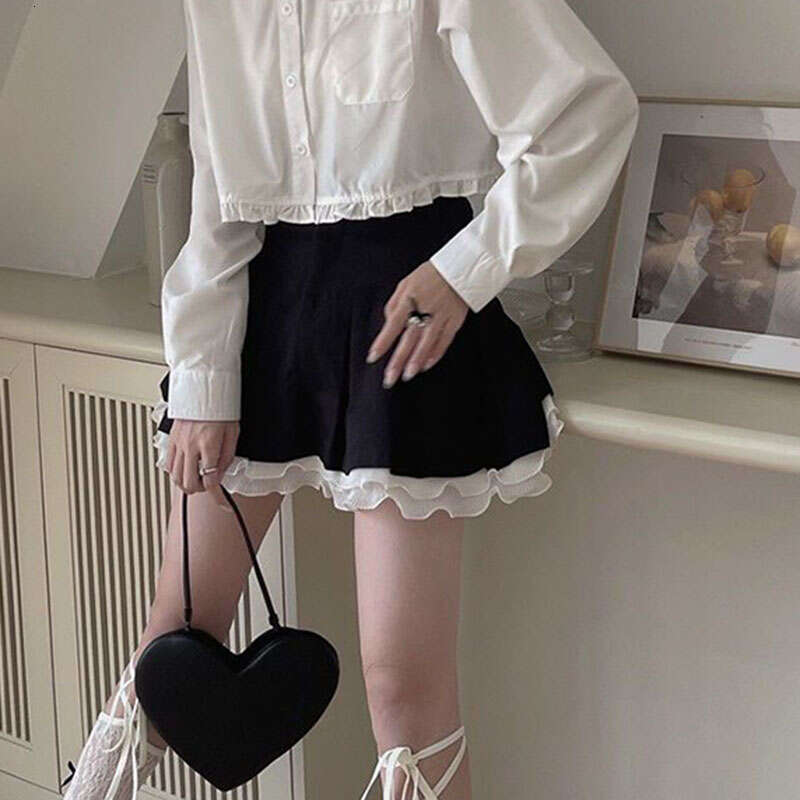 Sexy Lace Patchwork Mini Skirts for Women Japanese Sweet Cute Black Pleated Tennis Woman Y2K High Waist Lolita Cake Skirt