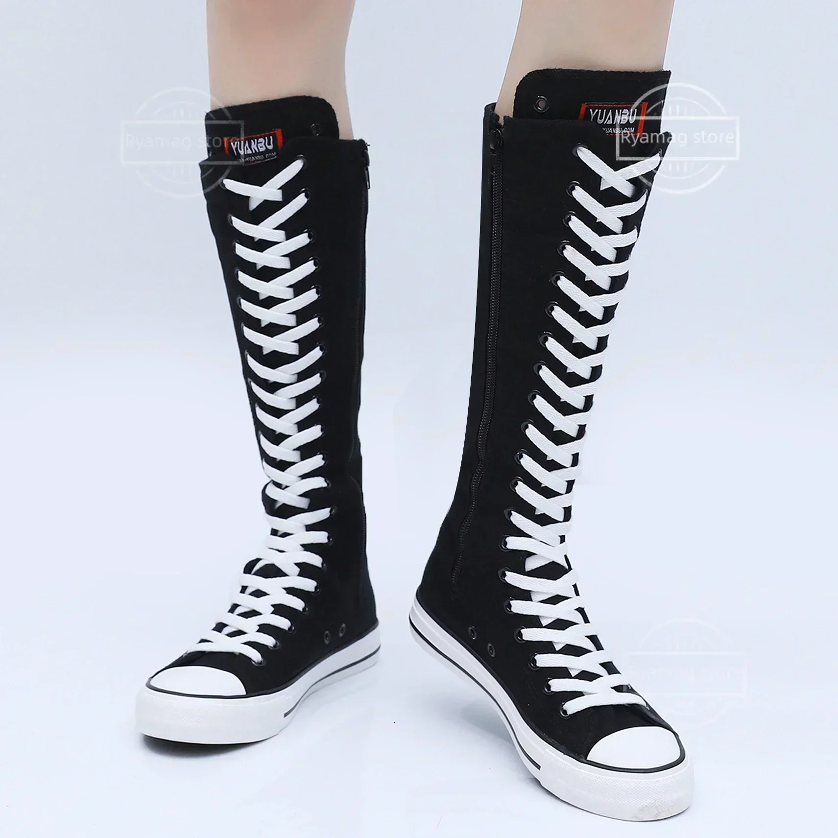 Boots Women Canvas Casual High Top Shoes Long Lace-Up Zipper Comfortable Flat Boot Sneakers Tenis Feminino