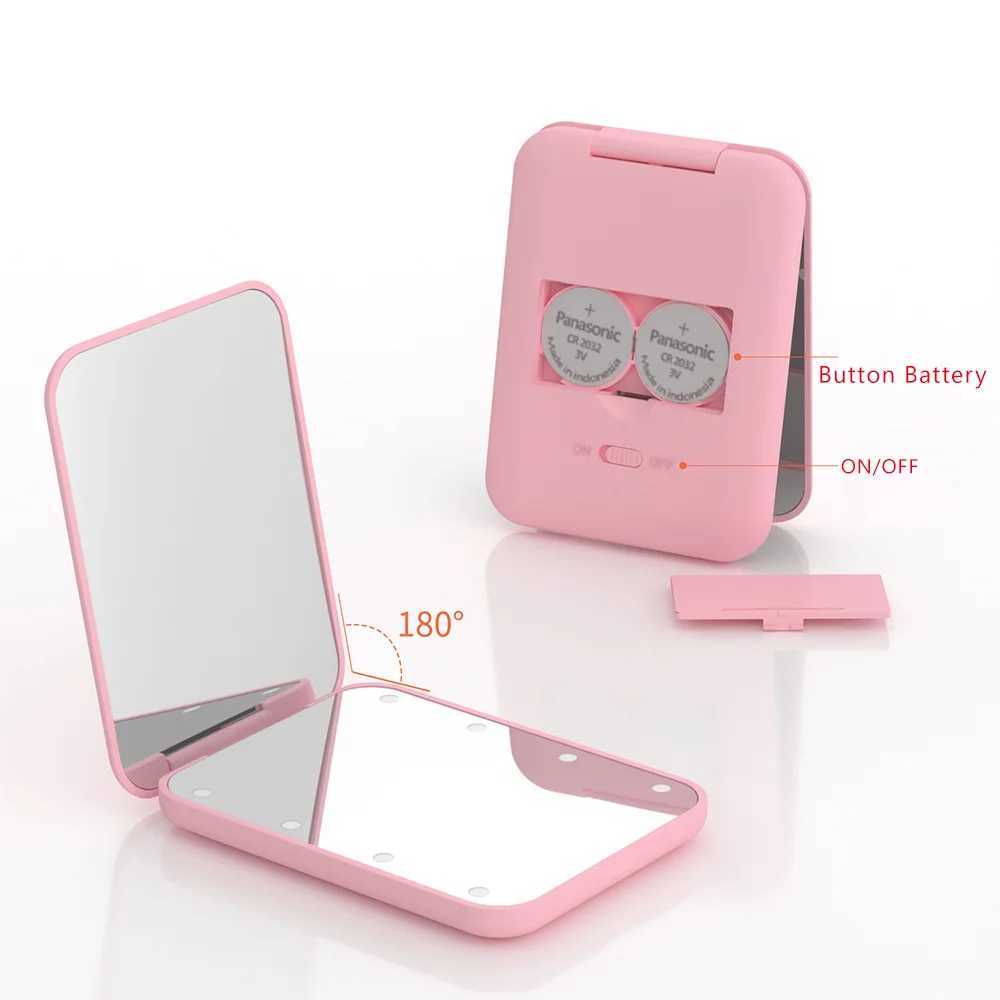 Portable Folding Makeup Cute Womens 2x Makeup Travel Handheld LED Makeup Button Battery Mirror Pocket Mirror with Light W240813