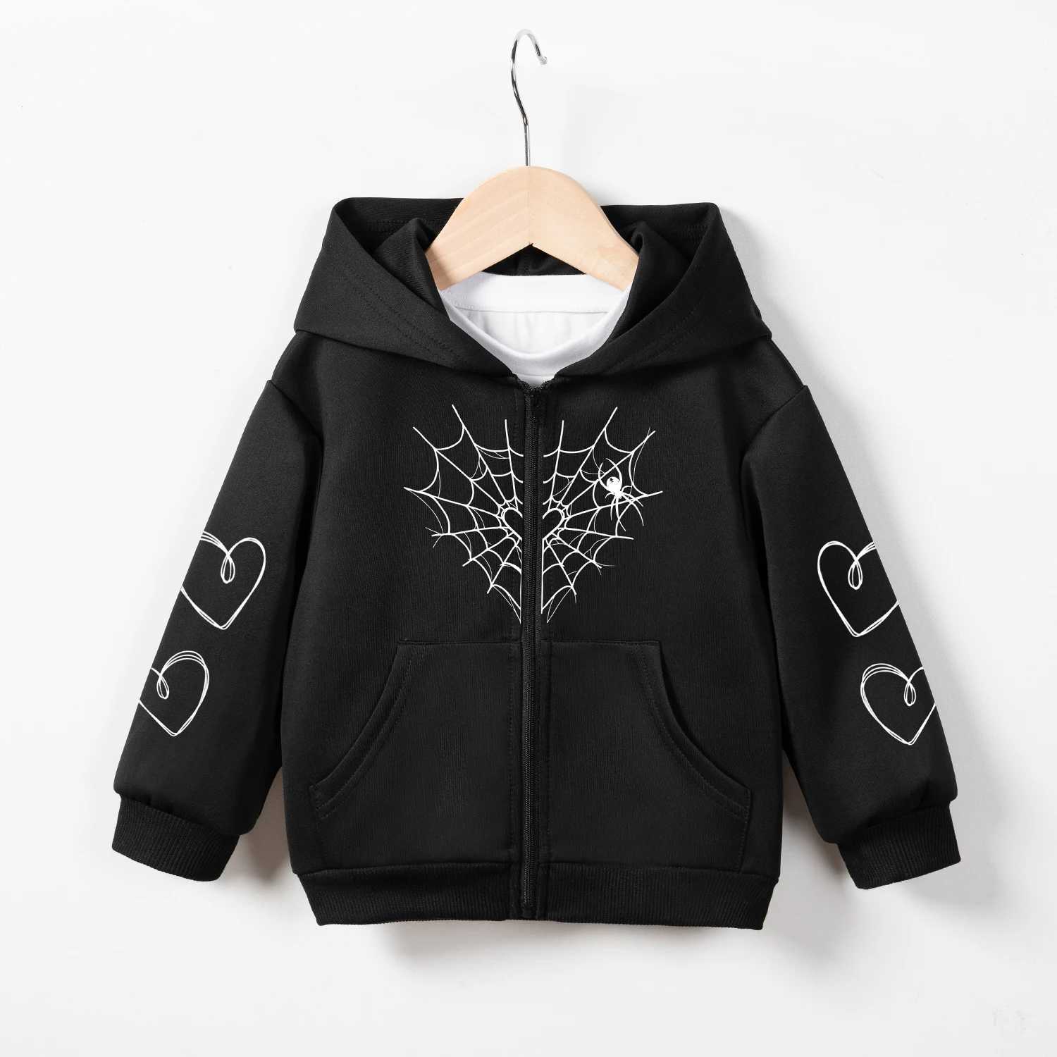 New Kids Hoodie Autumn Boys and Girls Jacket Zipper Fashion Spider Web Love Print Kids SweatshirtY240814