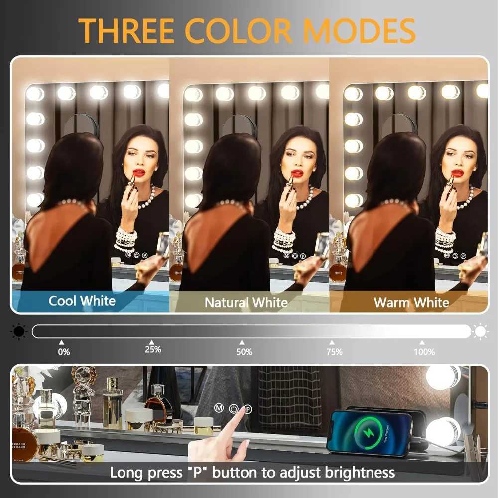 Makeup mirror with lighting 31.5 inches x 23.6 inches equipped with 17 dimmable light bulbs and 10x magnification 3 color modes touch controlled mirro