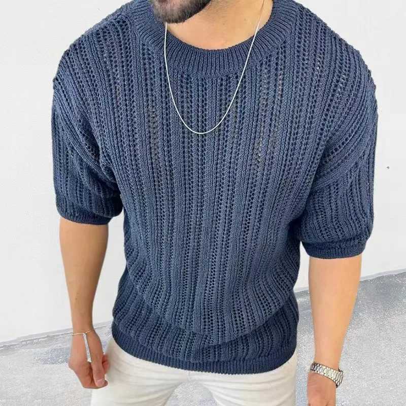 Spring Knitted Custom Mens Triple Sweater Slim Fit O-Neck Solid Hollow Mesh Mens Pulling Flower Autumn Long Sleeve Elastic TopW240729