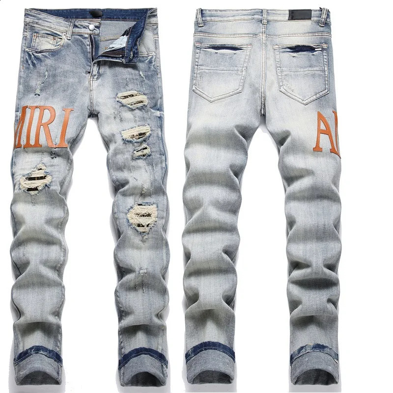 High Street Stretch Embroidered Mens Jeans Ripped Streetwear Punk Style Pants for Man Slim Fashion Small Foot 240813 - view 7