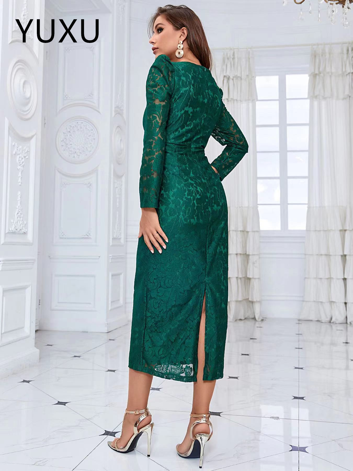 2024 green Lace Beaded Evening Mermaid Prom Dresses Sexy Formal Party Second Reception Gowns Custom plus size Trumpet O Neck Illusion new long sleeves