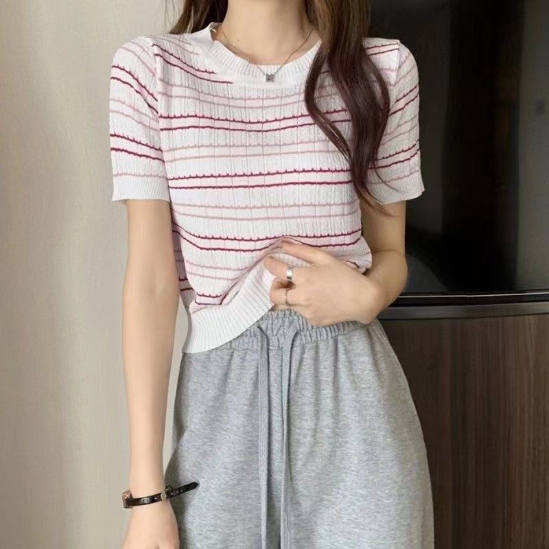 Womens short-sleeved striped O-neck Fashion knits SML