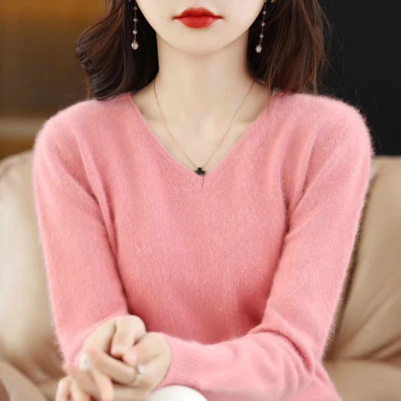 Winter Women Sweater V-Neck Knitted Pullover 100% Mink Cashmere Jumper Female Solid Color Soft Super Warm Sweater S-2XL 16 Color 240813