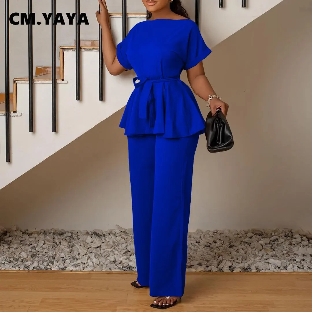 CM.YAYA Vintage Chic Womens Set Short Sleeve Slash Neck T-shirt and Wide Leg Pants Suit Two 2 Piece Set Outfits Tracksuit 240813