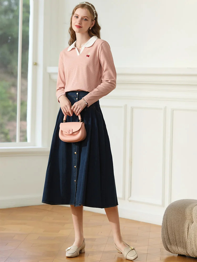 I believe you womens long sleeved T-shirt striped polo neck embroidered spring midsole elegant shirt 2241015463 240827