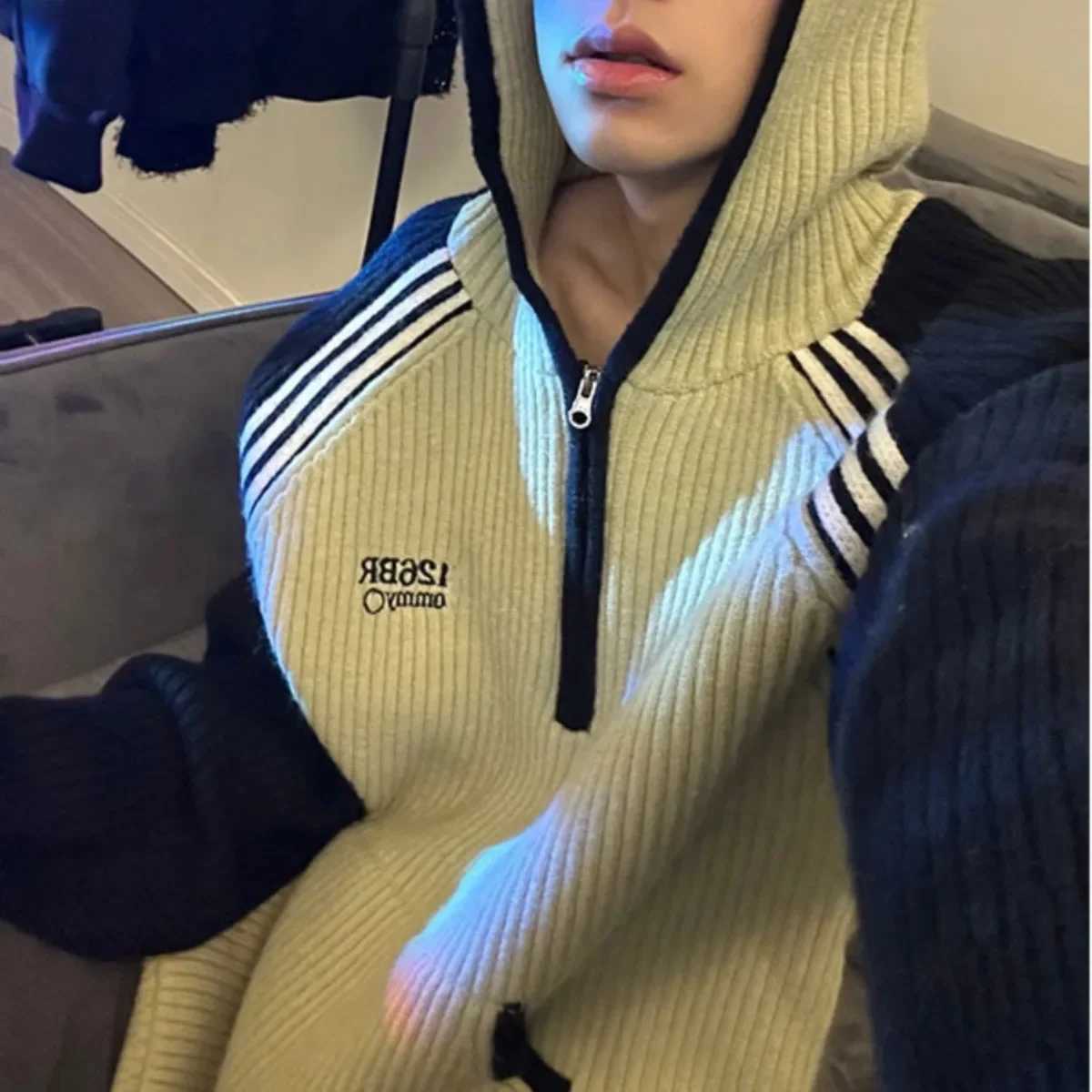 Mens half zip sweater loose knit top casual style retro Japanese design color blocking idle mode wool jacketW240729