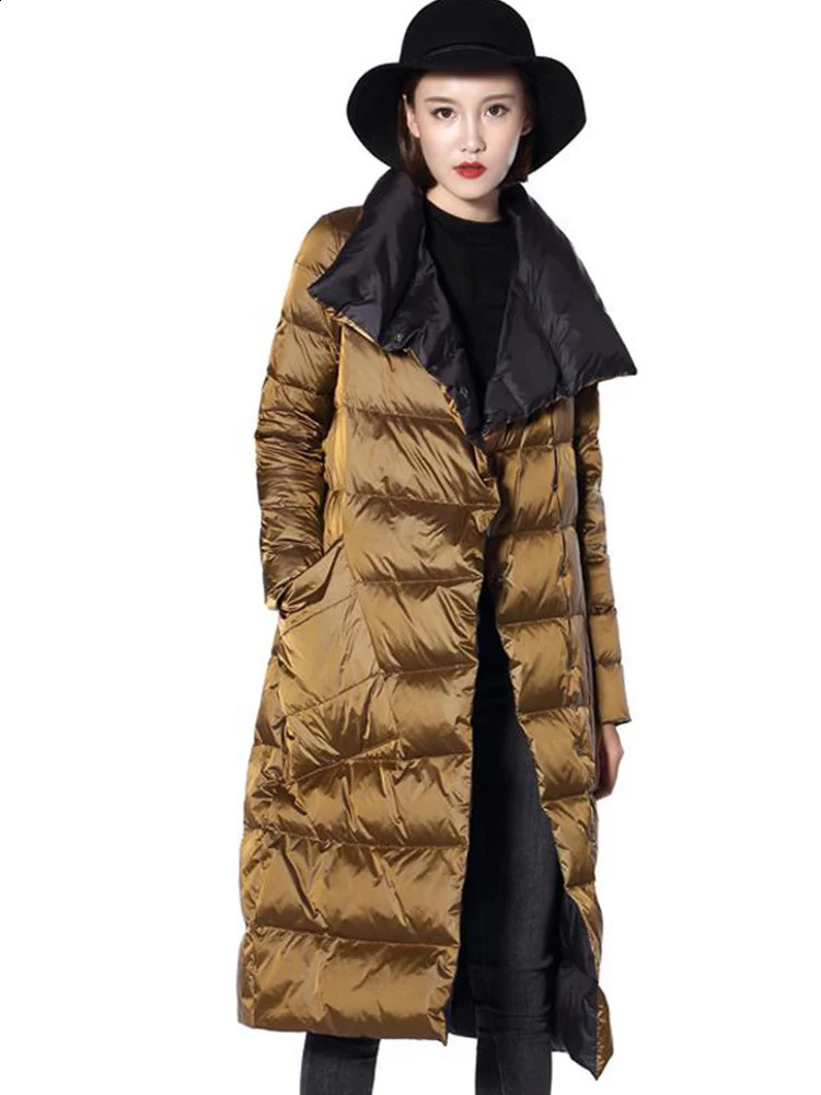 Fitaylor Women Double Sided Down Long Jacket Winter Turtleneck White Duck Down Coat Double Breasted Warm Parkas Snow Outwear 240813