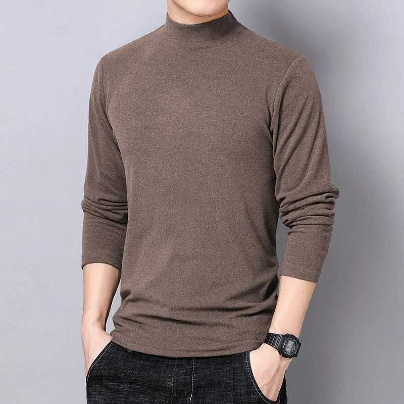 Autumn Winter Men Warm T-shirt New Double Sided Fleece Half High Collar Long Sleeve Casual Solid Elastic Male Clothing Basic TopM240814