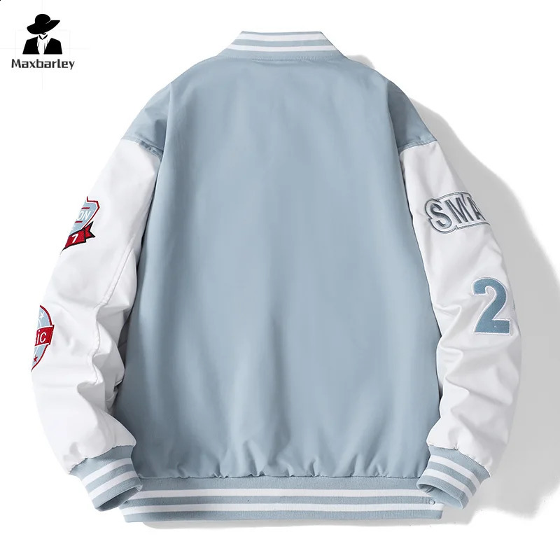 Campus Baseball Jacket Mens Autumn Hiphop Harajuku Stitching Letter Embroidered Motorcycle Loose Couple Windproof Coat 240712