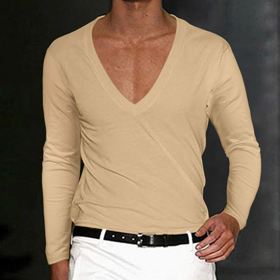 Mens T-Shirt Summer Shirts Low Cut Deep V Neck Comfortable Shirt Tops Mens Long Sleeve Casual Pullover Sexy Slim Fit Tees 240814