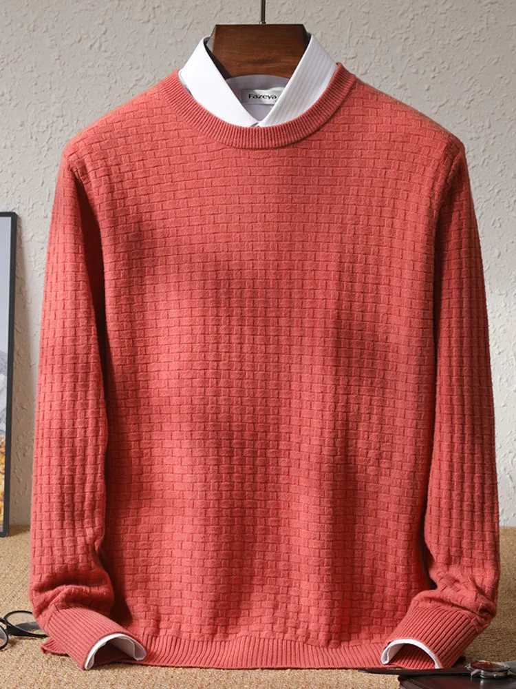 New 100% wool knitted floral mens autumn O-neck jacquard sweater casual long sleeved bottom sweater loose solid color topW240729
