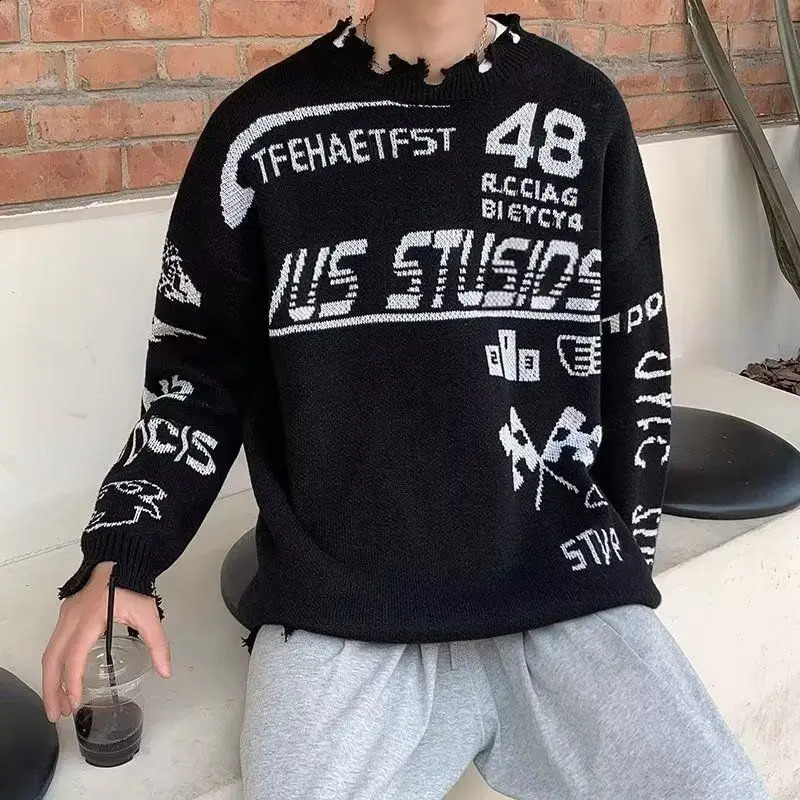 Y2k motorcycle style mens sweater Harajuku Gothic hip-hop knit pull off Korean fashion streetwear sweater 240829