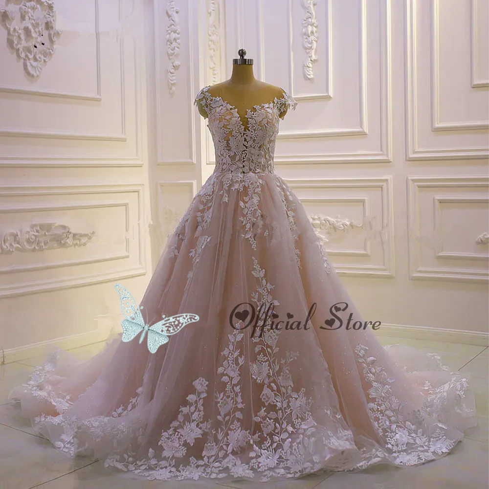 Glamorous Tulle Wedding Gown For Bride Ball Gown Lace Appliques Scoop Neck Robe De Mariee Made To Order