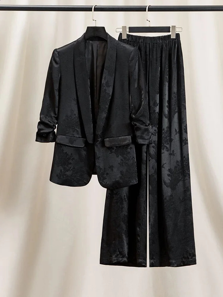 Women High Quality Stain Jacquard Suits Jacket Coat Blazer And Pant 2 Piece Set Matching Outfits Female Formal Occasion Clothes 240813