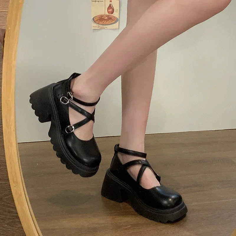 Womens Shoes Mary Janes Womens High Heels Platform Dress Pumps Women Round Toe Buckle Strap Chunky Heels Shoes Female 240809