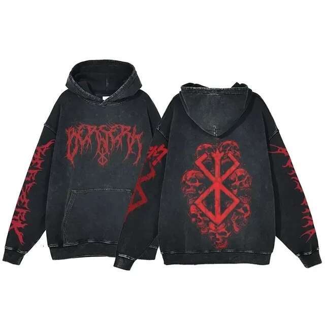 Manga Berserk Men's Hoodies Long Sleeves Washed Cotton Sweatshirts Vintage Gothic Anime Oversized Comfortable Soft Streetwear